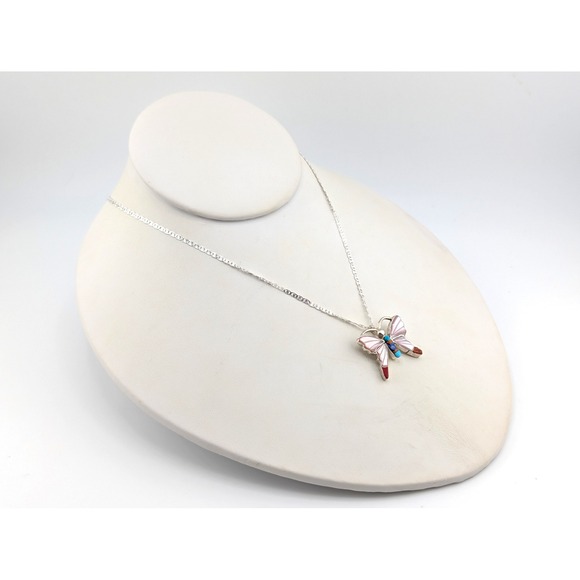 SouthWestArtisans Jewelry - Zuni Sterling Silver Butterfly Inlay Necklace Turquoise Lapis Coral Stones **